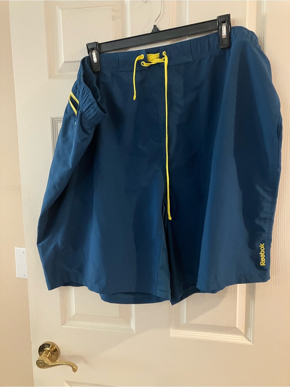 Reebok Men’s Navy Blue Swim Shorts with Yellow Drawcord